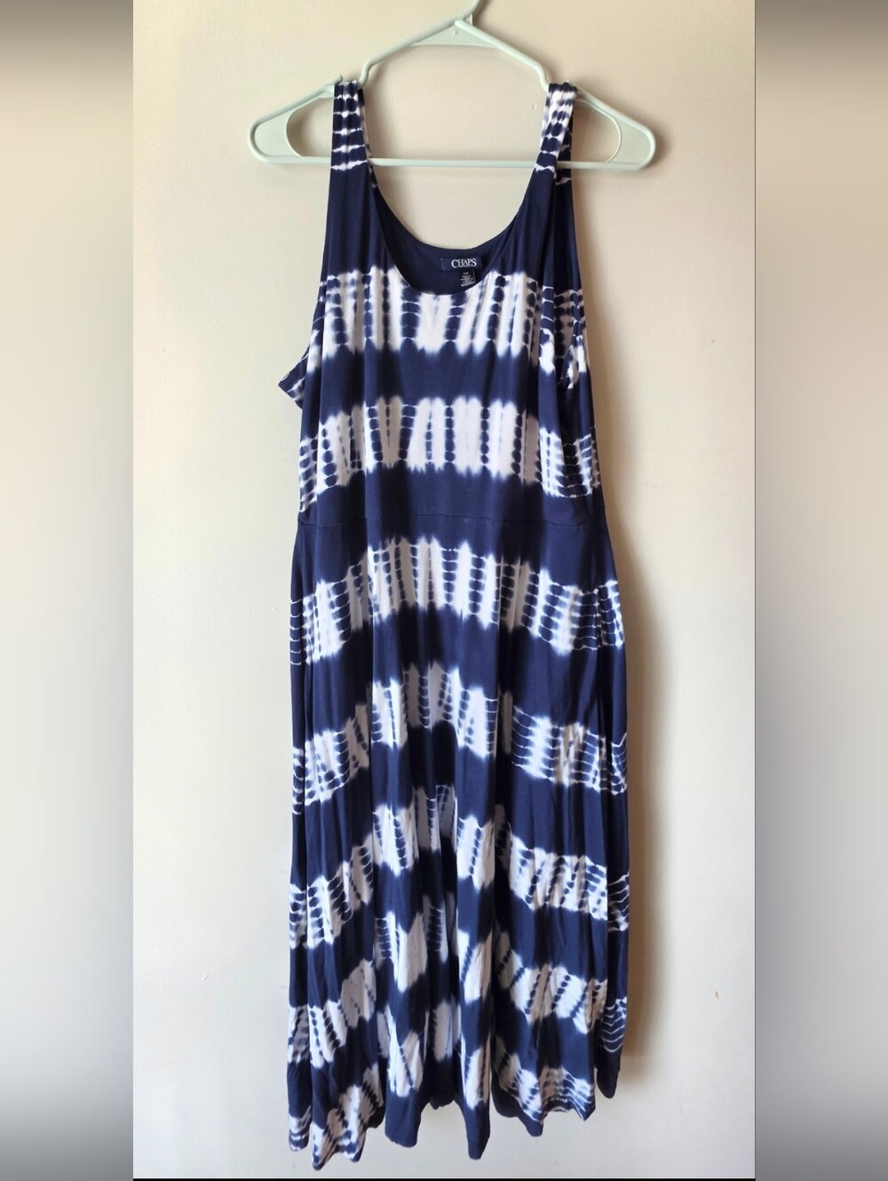 Chaps Navy and White Tie-Dye Sleeveless Dress